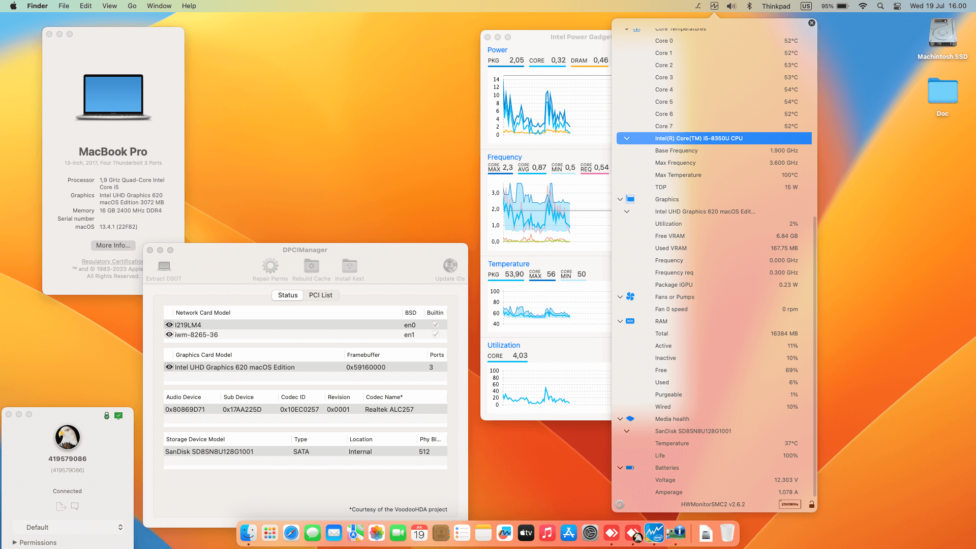 Success Hackintosh macOS Ventura 13.4.1 Build 22F82 in Lenovo Thinkpad T480 Touchscreen